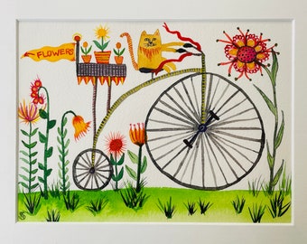 Original Watercolor Painting: Cat on a Bicycle with Flowers