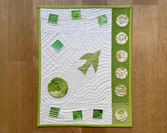 Think Green Small Art Quilt, Hand Quilted, Ready to Hang