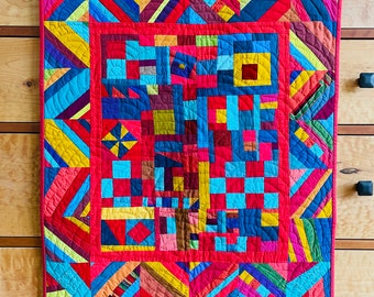 Improv Style Art Quilt, Hand Quilted, Ready to Hang