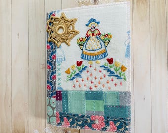 Vintage Dutch Girl Embroidery Patchwork Journal with Hand Stitching