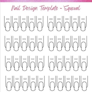 Op de afbeelding: Een printbare sjabloon voor nagelontwerp voor squoval-vormige nagels. De sjabloon bevat 10 rijen met elk 10 nagels, voor een totaal van 100 nagels.
