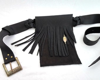 Black Leather Fringe Belt Bag - Shi Pocket Belts - One of a Kind