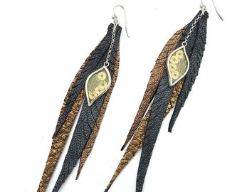 Long leather fleather earrings with gold sequin silk charm and sterling silver