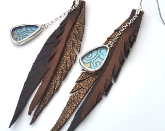 Leather Feather Earrings in Mermaid Silk Glass Shi Charm