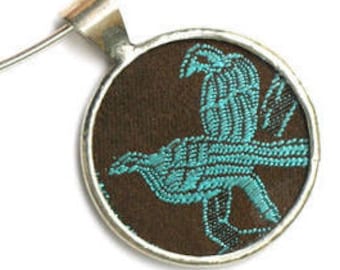Teal Birds Silk Pendant by Shi Studio Size Circle Shape