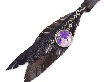 Leather Feathers Charm Necklace Boho Cluster by Shi Studio