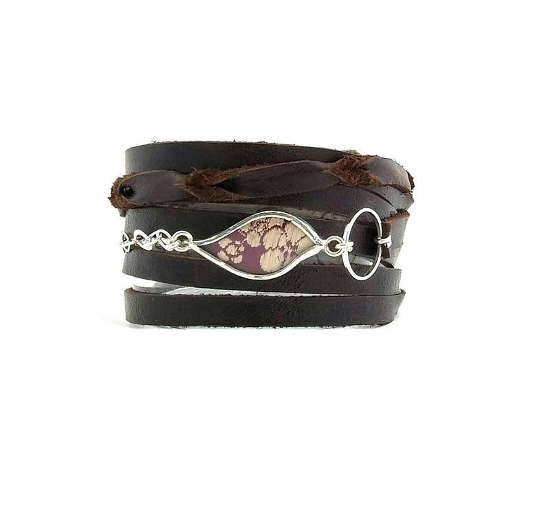 Multi strand leather wrap cuff with silk piece behind glass by Shi Studio image 2