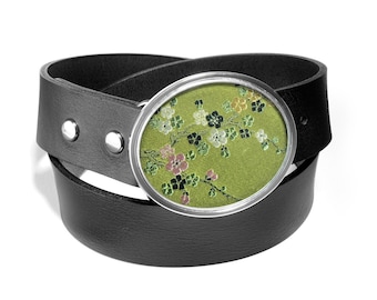 Buckle in Green Silk Brocade Traditional Blossom with Leather Belt by Shi Studio