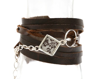 Soft Leather Wrap Around Chocolate Brown Tether Cuff with Black and White Floral Silk Shi Piece