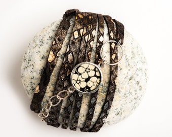 Metallic Leather Wrap Around Cuff Tether Bracelet with Gold Silk Blossoms by Shi Studio
