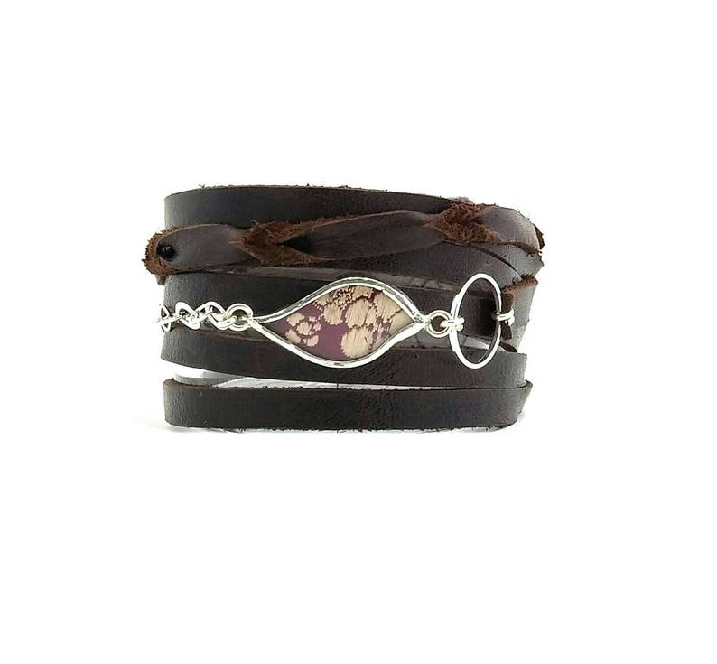 Multi strand leather wrap cuff with silk piece behind glass by Shi Studio image 4