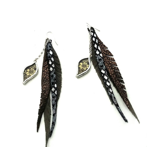 Leather Feather Earrings with Shi Piece in black and gold blossoms