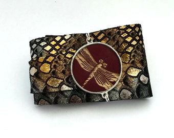 Metallic Leather Wrap Cuff with Dragonfly Silk Shi Piece