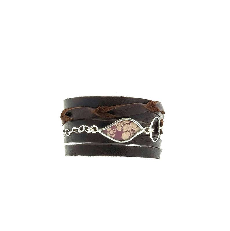 Multi strand leather wrap cuff with silk piece behind glass by Shi Studio image 3