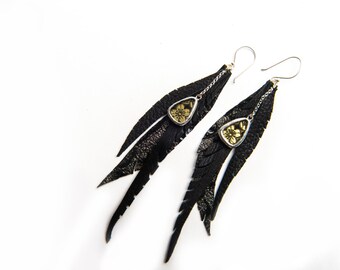 Leather Feather Earrings Black with Shi Piece in Black and Gold Blossoms