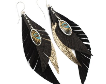 Turquoise Peacock Feather Leather Feather Shi Fleather Earrings