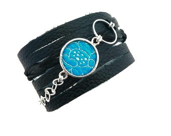 Shi Studio Wrap Around Leather Bracelet with Turquoise Floral Silk