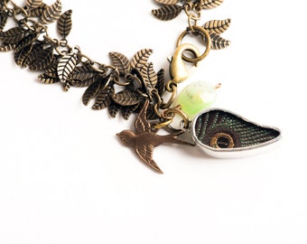 Peacock Feather Charm Bracelet with Bird in Brass by Shi Studio