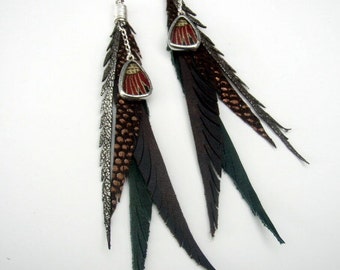 Leather Feather Earrings with Dangling Red and  Gold Peacock Brocade Shi Piece