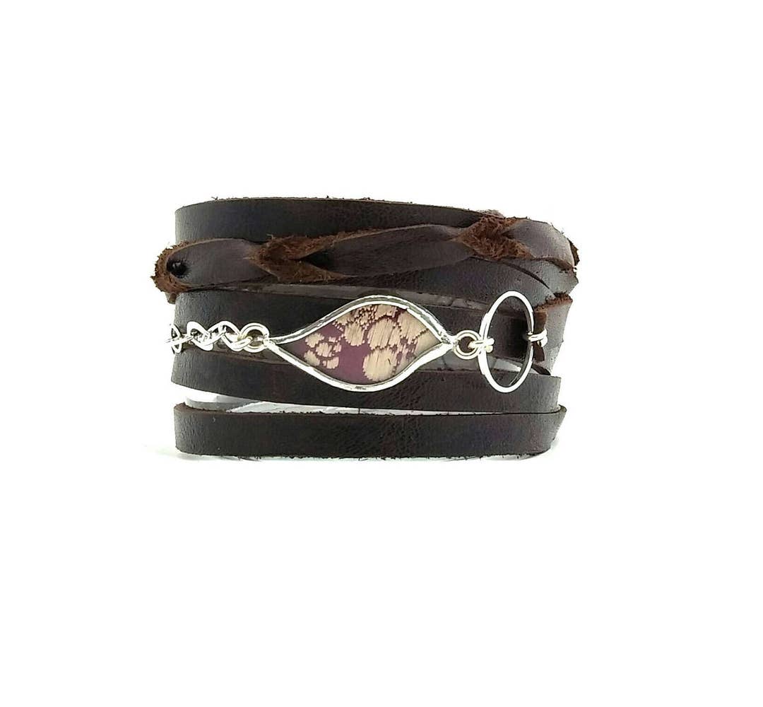 Multi Strand Leather Wrap Cuff With Silk Piece Behind Glass by Shi