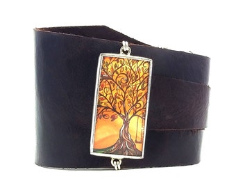 Leather Wrap Wrist Cuff with Tree and Swing by April Lacheur Shi Studio Artist Series