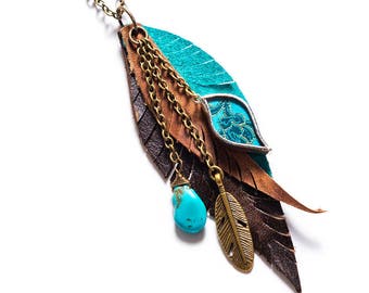 Leather Feather Turquoise Charm Boho Cluster  Necklace by Shi Studio