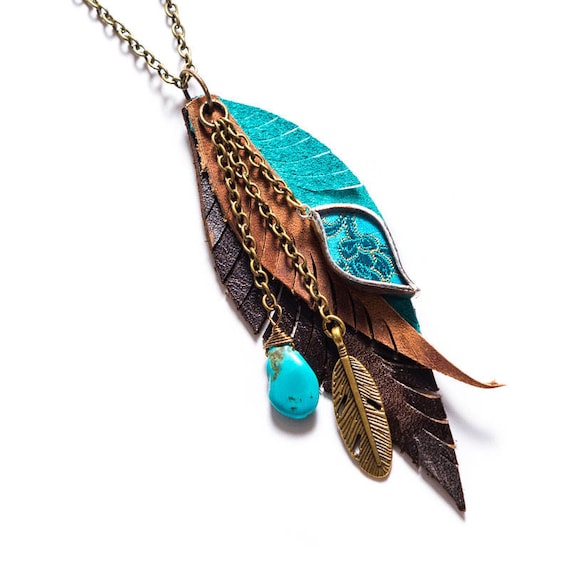 Leather Feather Turquoise Charm Boho Cluster Necklace by Shi