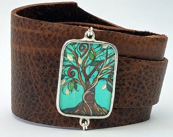 Leather Wrap Cuff with Tree Painting Blue Steel by April Lacheur Shi Studio Artist Series