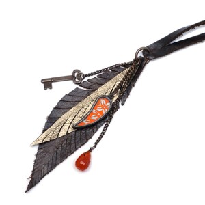 Orange Floral Silk, Brass Key Charm, Gemstone and Leather Feathers Charm Necklace Boho Cluster by Shi Studio