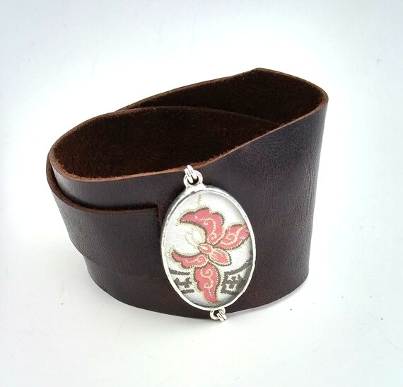 Leather Wrap Cuff with Red Floral Silk Shi Piece