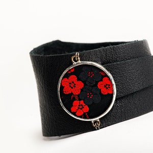 Black Leather Wrap Cuff with Red and Black Blossoms Shi Piece
