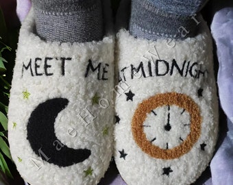 Cosy Meet Me At Midnight Home Slippers - Midnight Slippers, Fluffy Clock Slippers, Comfortable Bedtime Slippers, Moon Slippers, Gift For Her