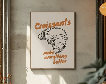 Croissant Printable Wall Art French Pastry Funny Poster Kitchen Decor Print Trendy Aesthetic Home Inspo Minimal Hand Drawn Foodie Gift