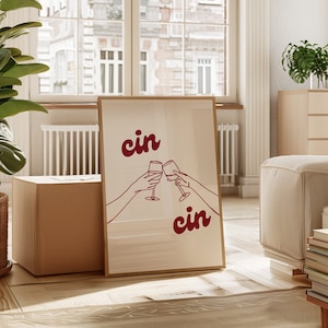Cin Cin Wine Print Alcohol Print Rode Vintage Wijnposter Bar Cart Wall Art Bar Afdrukbare Kunst Wijn Decor Drankjes Digitale Download Cheers Print