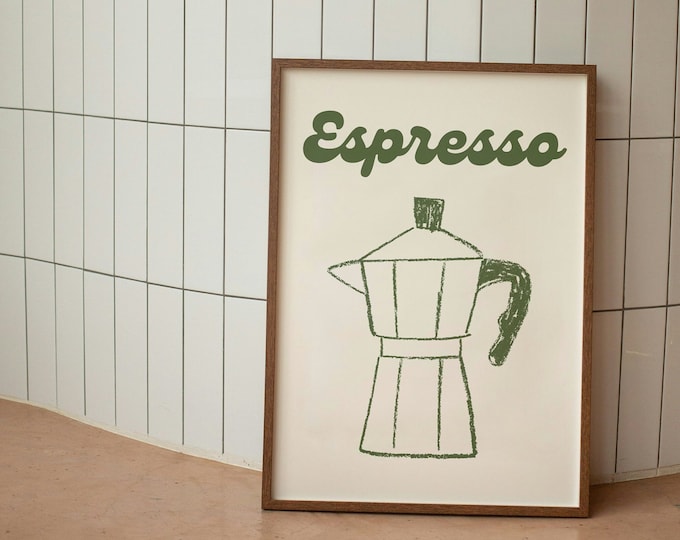 Espresso Poster, Breakfast Wall Decor,  Moka Pot Espresso Print, Hand Drawn Kitchen Print, Foodie Drawing
