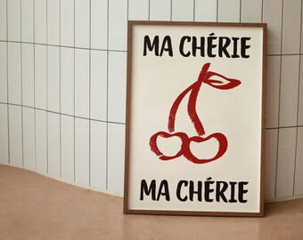 Cherry Poster, Retro Wall Art, Ma Chérie Ma Cherie, Funky Wall Decor, Cherry Wall Art, Aesthetic Print, Trendy Wall Art, Vintage Decor
