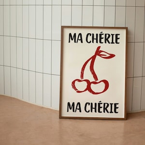 Cherry Poster, Retro Wall Art, Ma Chérie Ma Cherie, Funky Wall Decor, Cherry Wall Art, Aesthetic Print, Trendy Wall Art, Vintage Decor