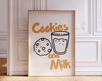 Cookies and Milk Poster, Retro Dessert Wall Print, Sweet Food Poster, Vintage Kitchen Wall Art, Cute Kitchen Decor, Milk and Cookies Print
