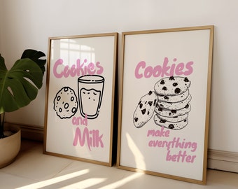 Set of 2 Print, Pink Cookie Poster, Cute Retro Food Poster, Chocolate Chip Cookie Wall Art, Retro Food Poster, Pink Wall Decor