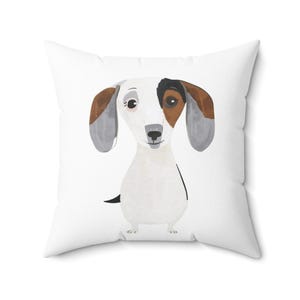 Cute Grey Black & Tan Piebald Dachshund Illustration Pillow | Watercolor Dog Square Throw Pillow Decor