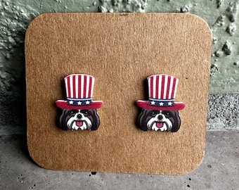 Shih Tzu Patriotic Hat Stud Earrings: Dog Lover Gift 4th of July 250 America