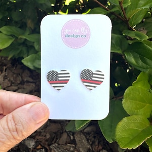 Thin Red Line Heart Earrings: Firefighter Wife Gift