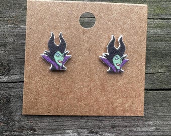 Pendientes de Maléfica de La Bella Durmiente/Pendientes de Disney/Pendientes de Villana/Viaje a Disney/Pendientes de botón/Acero inoxidable/Joyas de Disney