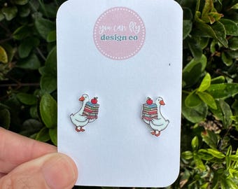 Silly Teacher Goose Stud Earrings: Lightweight Acrylic, Stainless Steel, Goose Carrying Stack of Books
