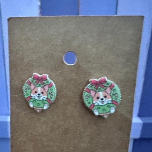 Corgi Wreath Christmas Earrings/Stud Earrings/Corgi Earrings/Stainless Steel/Jewelry/Christmas Gift/Dog Lover Gift