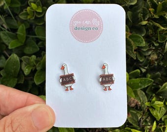 Silly Teacher Goose Stud Earrings: Lightweight Acrylic, Stainless Steel, Goose Holding Chalkboard