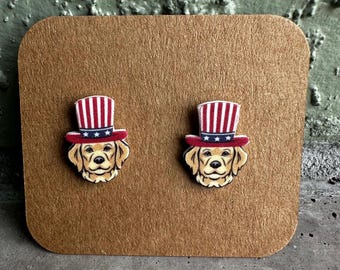 Golden Retriever Patriotic Hat Stud Earrings: Dog Lover Gift 4th of July 250 America