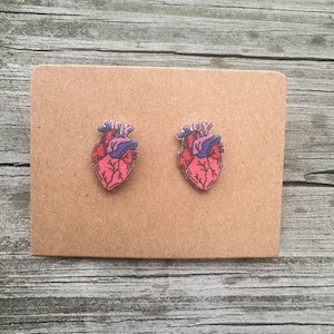 May include: A pair of heart-shaped earrings with a detailed anatomical illustration of a human heart. The earrings are pink, red, and blue.