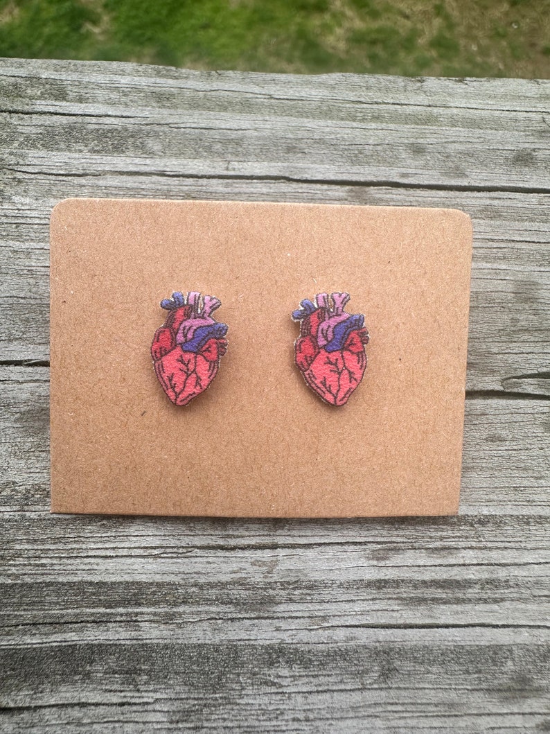 May include: A pair of heart-shaped earrings with a detailed anatomical illustration of a human heart. The earrings are pink, red, and blue.