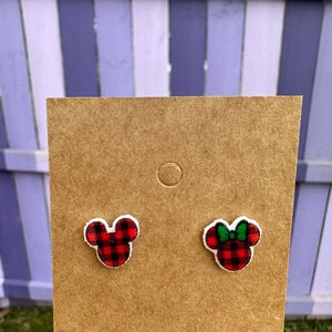 Mickey and Minnie Mouse Red Black Plaid Head Earrings/Christmas Earrings/Disney Trip/Stud Earrings/Stainless Steel/